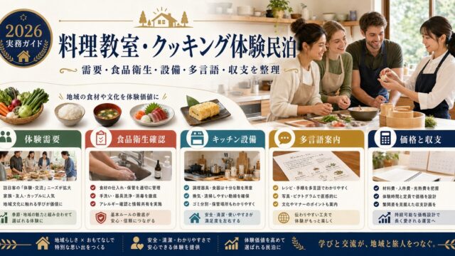 料理教室・クッキング体験民泊の需要、食品衛生、設備、多言語、収支を整理した図