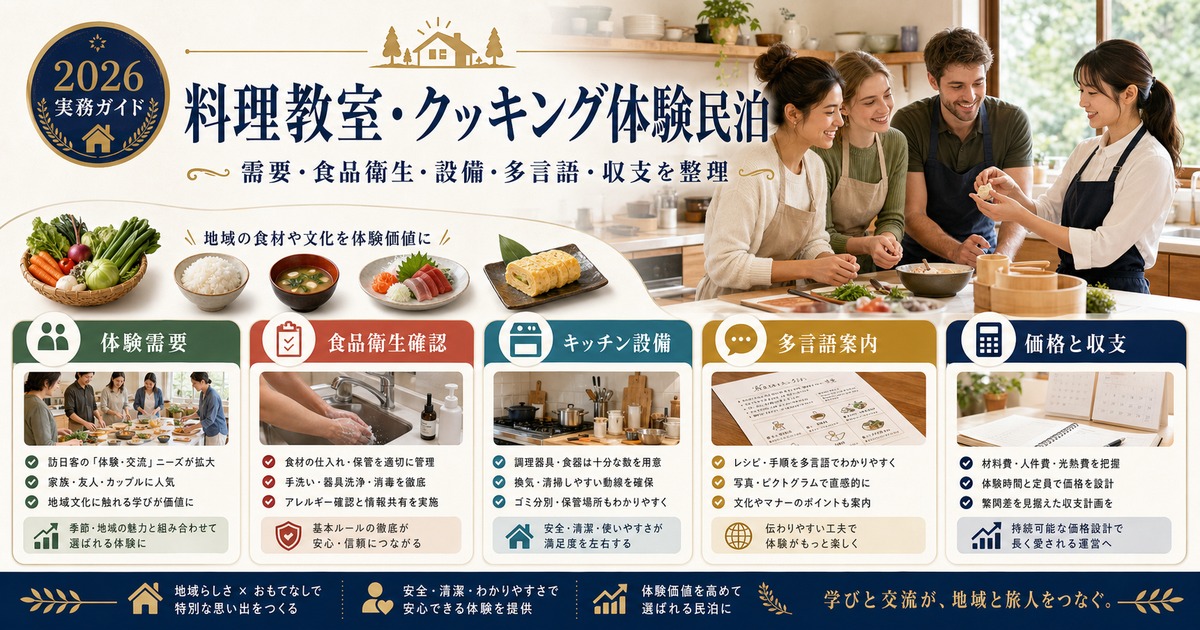 料理教室・クッキング体験民泊の需要、食品衛生、設備、多言語、収支を整理した図