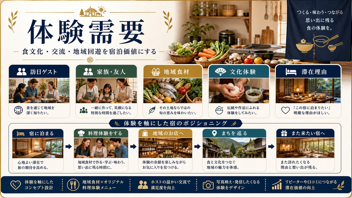 料理教室クッキング体験民泊の需要を食文化、交流、地域食材、滞在理由で整理した図