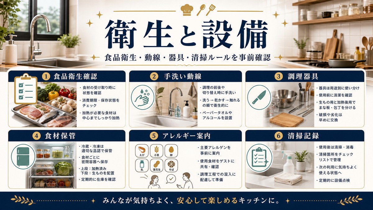 料理教室クッキング体験民泊の衛生と設備を食品衛生、手洗い動線、食材保管、アレルギー案内で整理した図
