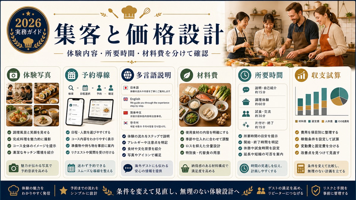 料理教室クッキング体験民泊の集客と価格設計を体験写真、予約導線、材料費、所要時間で整理した図