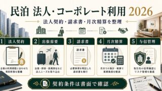 民泊の法人・コーポレート利用を法人契約、出張需要、請求書、月次精算、与信管理で整理した図
