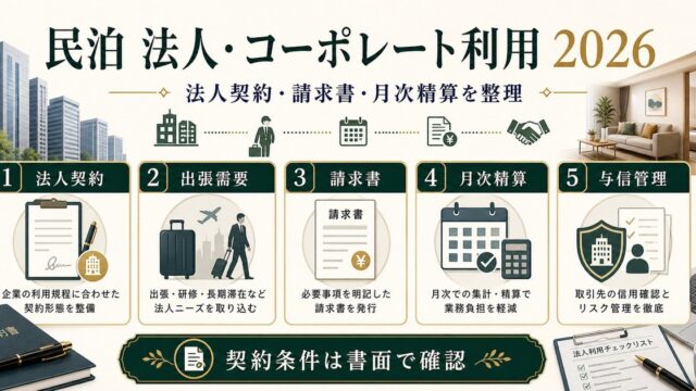 民泊の法人・コーポレート利用を法人契約、出張需要、請求書、月次精算、与信管理で整理した図