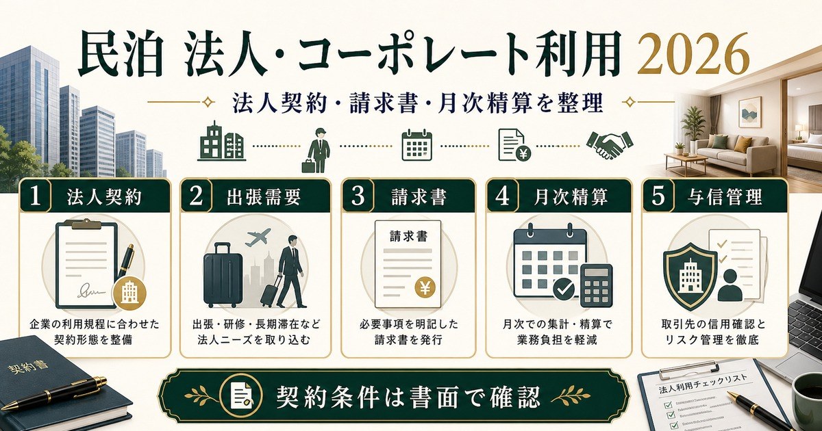民泊の法人・コーポレート利用を法人契約、出張需要、請求書、月次精算、与信管理で整理した図