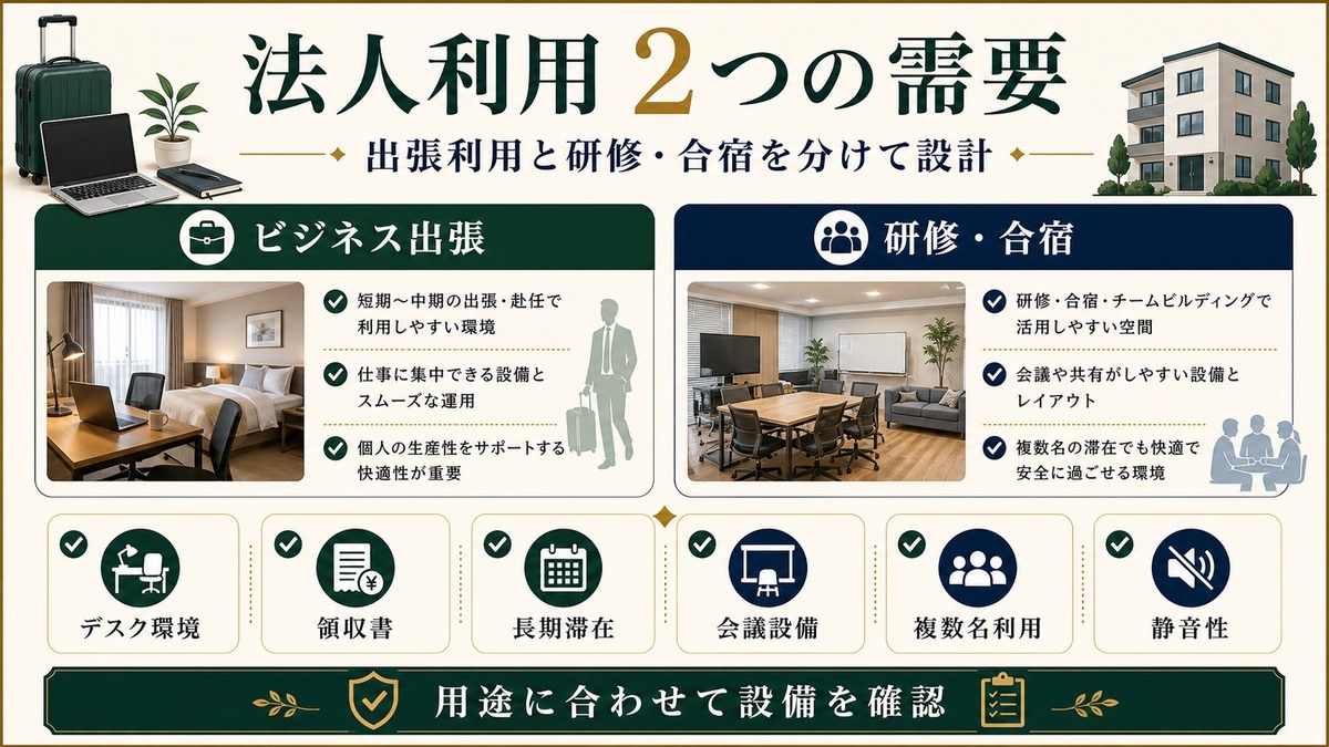 民泊の法人利用をビジネス出張と企業研修・合宿に分け、デスク環境、領収書、長期滞在、会議設備で整理した図