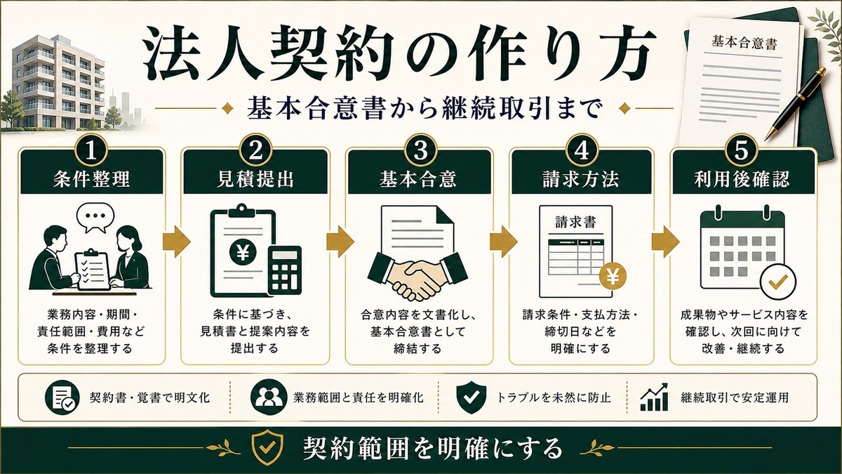 民泊の法人契約フローを条件整理、見積提出、基本合意、請求方法、利用後確認で示した図