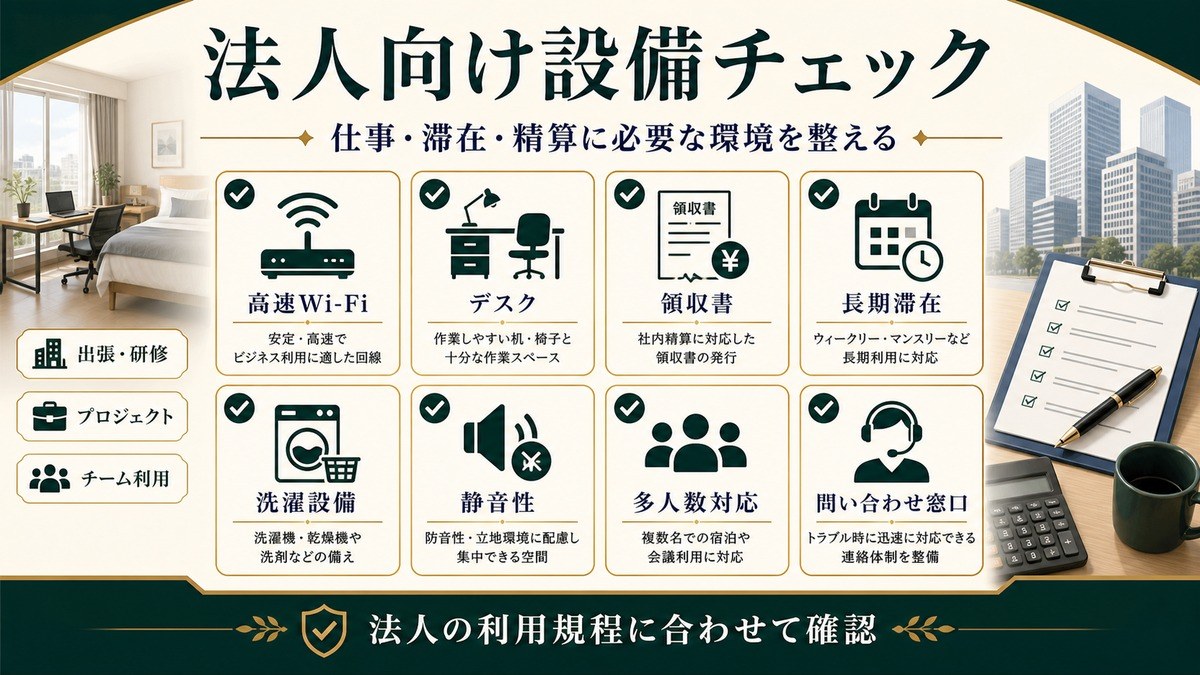 民泊の法人向け設備を高速Wi-Fi、デスク、領収書、長期滞在、洗濯設備、静音性、多人数対応、問い合わせ窓口で整理した図