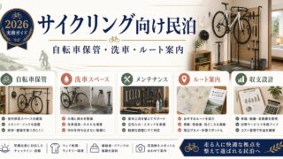 サイクリング向け民泊の自転車保管、洗車、ルート案内を整理した図