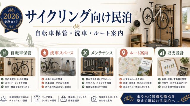 サイクリング向け民泊の自転車保管、洗車、ルート案内を整理した図