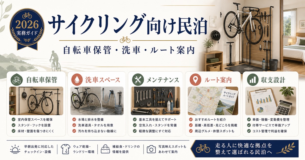 サイクリング向け民泊の自転車保管、洗車、ルート案内を整理した図
