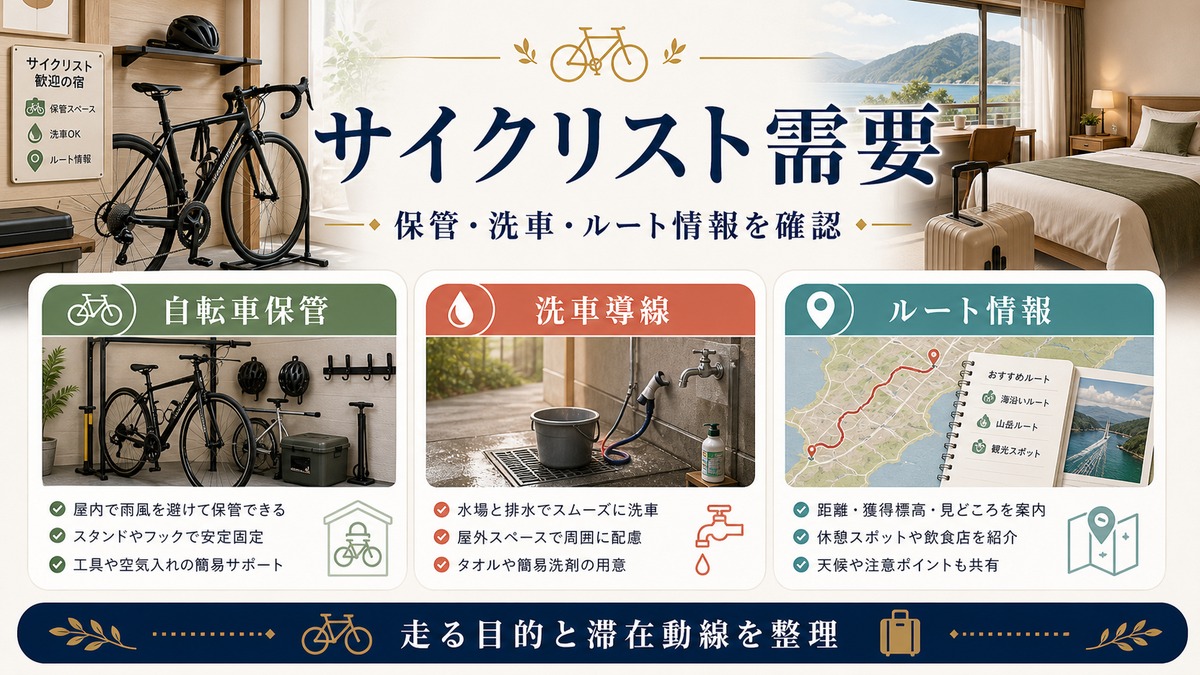 サイクリング民泊需要を自転車保管、洗車導線、ルート情報で整理した図