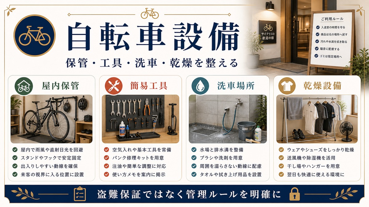 自転車対応民泊設備を屋内保管、簡易工具、洗車場所、乾燥設備で整理した図