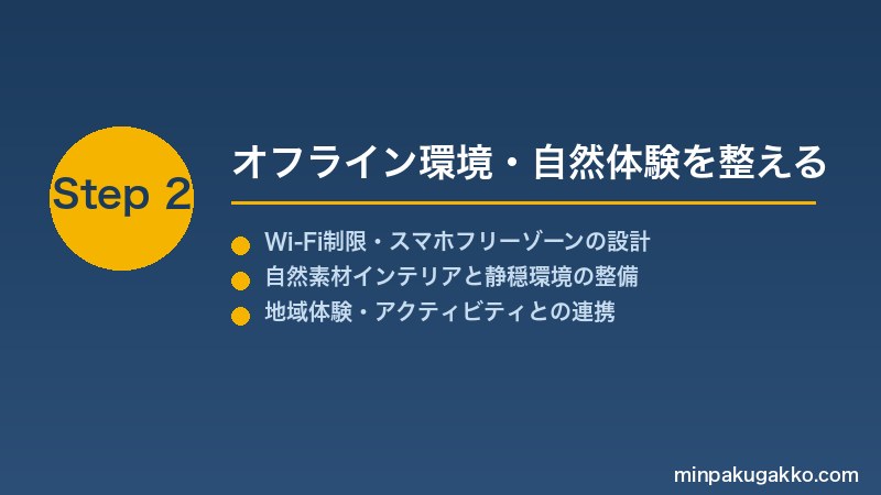 minpaku-digital-detox-2026 Step2 オフライン環境・自然体験を整える