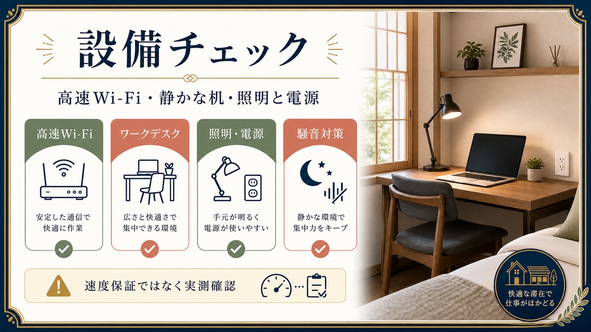 デジタルノマド向け民泊設備を高速Wi-Fi、ワークデスク、照明電源、騒音対策で整理した図