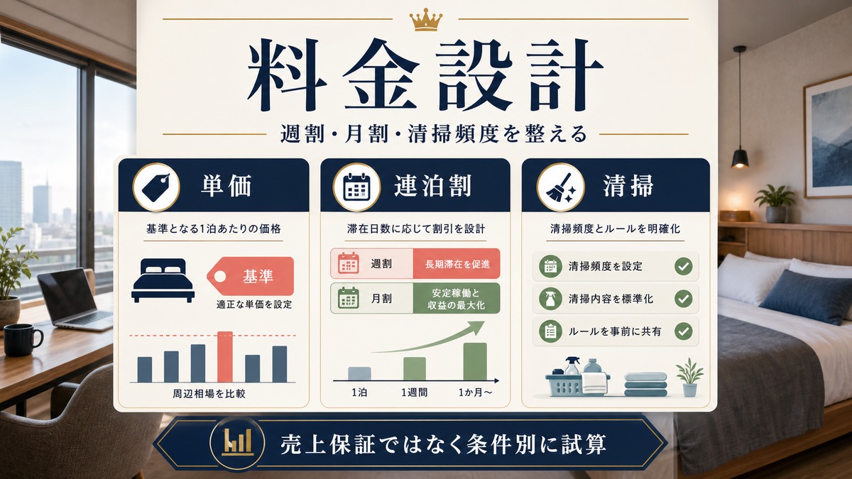デジタルノマド向け民泊の料金設計を単価、連泊割、清掃頻度で整理した図