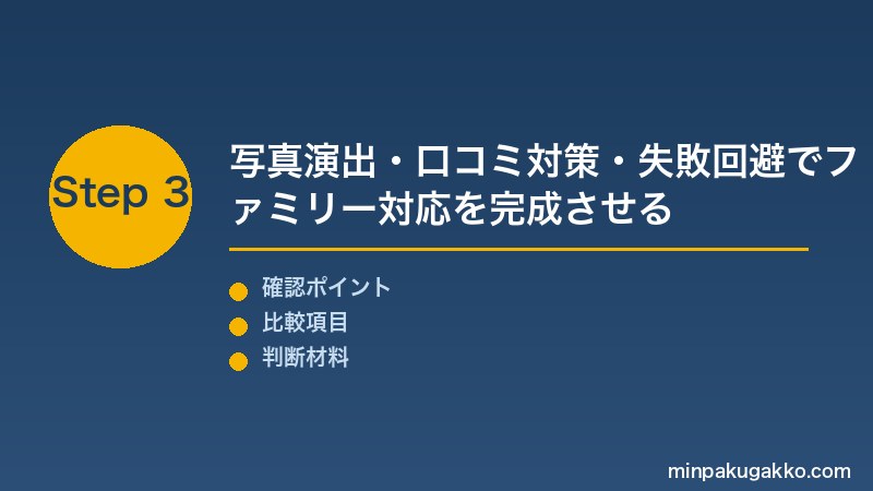 ファミリー民泊 Step3 リスティング写真のファミリー向け演出・口コミ対策・季節需要・失敗パターン回避でファミリー対応を完成させる