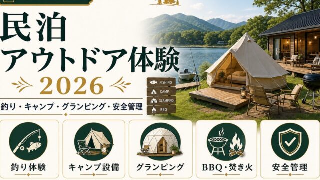 民泊アウトドア体験を釣り、キャンプ、グランピング、BBQ焚き火、安全管理で整理した図