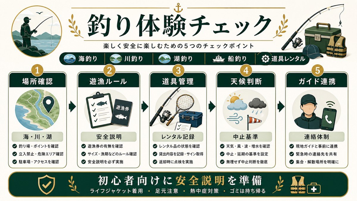 民泊の釣り体験チェックを場所確認、遊漁ルール、道具管理、天候判断、ガイド連携で示した図