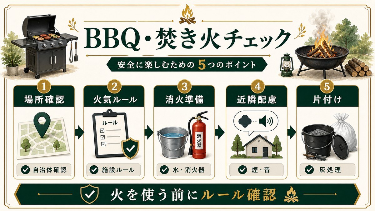 民泊のBBQと焚き火チェックを場所確認、火気ルール、消火準備、近隣配慮、片付けで示した図