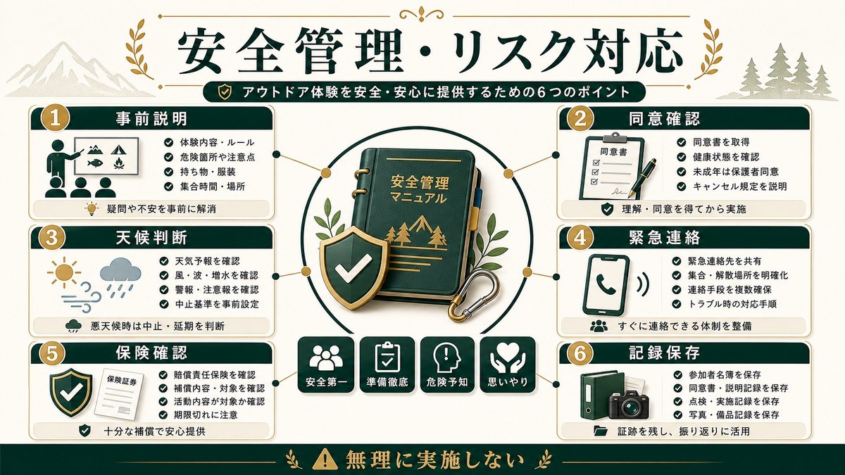 民泊アウトドア体験の安全管理を事前説明、同意確認、天候判断、緊急連絡、保険確認、記録保存で示した図