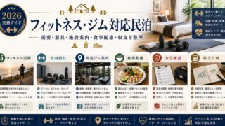 フィットネス・ジム対応民泊の需要、器具、施設案内、食事配慮、収支を整理した図