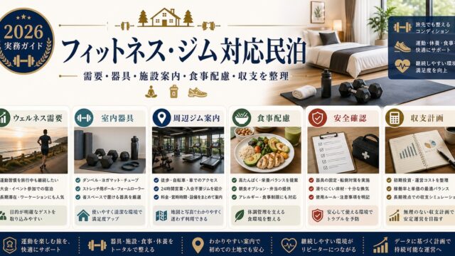 フィットネス・ジム対応民泊の需要、器具、施設案内、食事配慮、収支を整理した図
