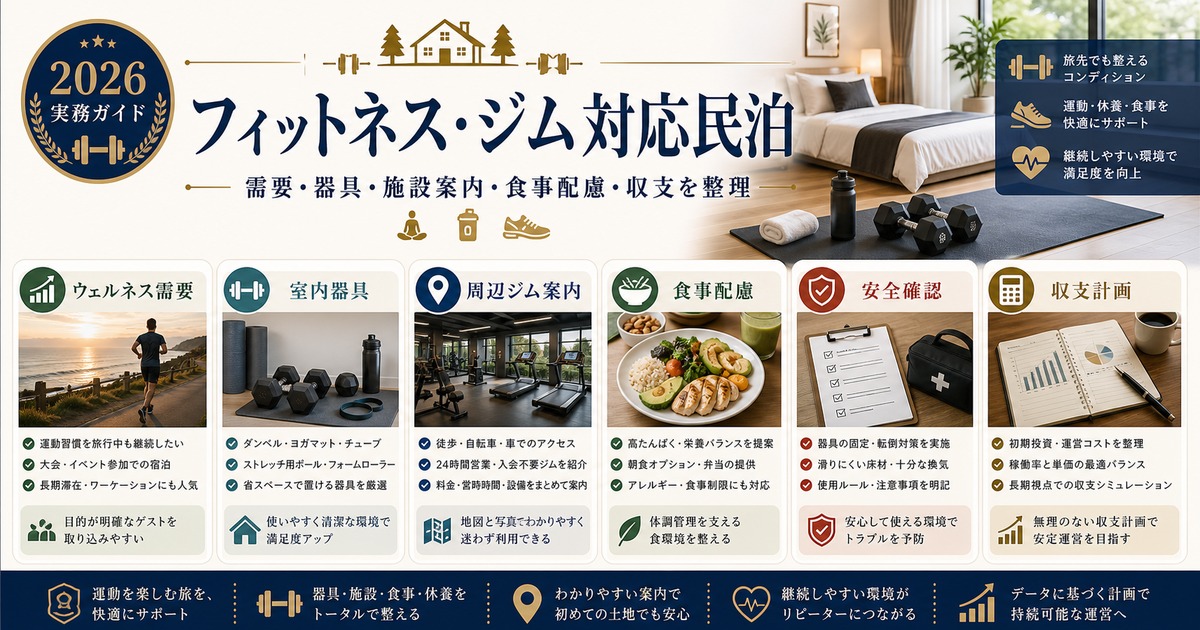 フィットネス・ジム対応民泊の需要、器具、施設案内、食事配慮、収支を整理した図