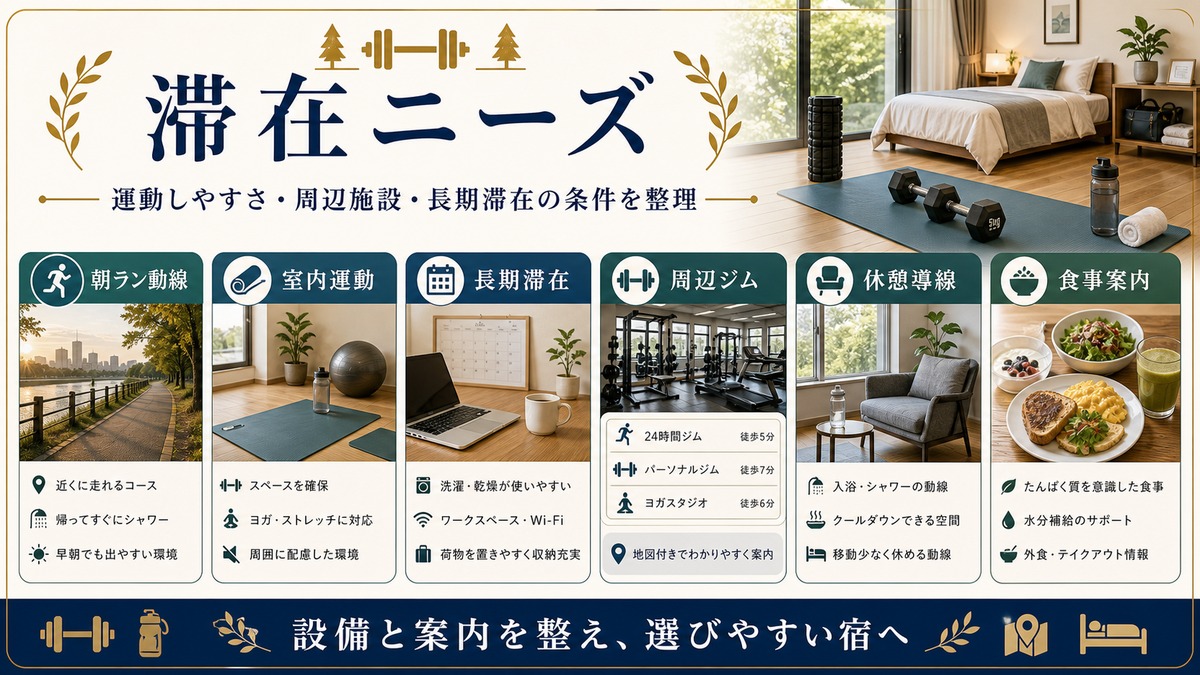 フィットネスジム対応民泊の滞在ニーズを朝ラン動線、室内運動、長期滞在、周辺ジムで整理した図