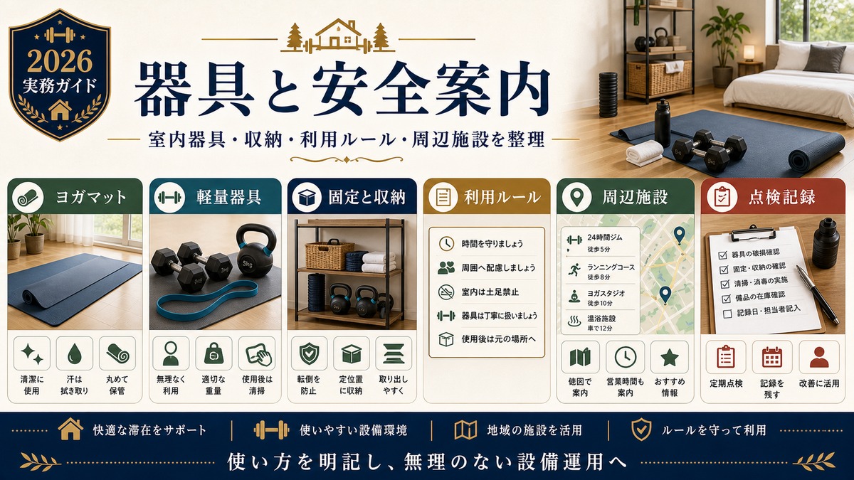フィットネス対応民泊の器具と安全案内をヨガマット、軽量器具、収納、利用ルール、点検記録で整理した図