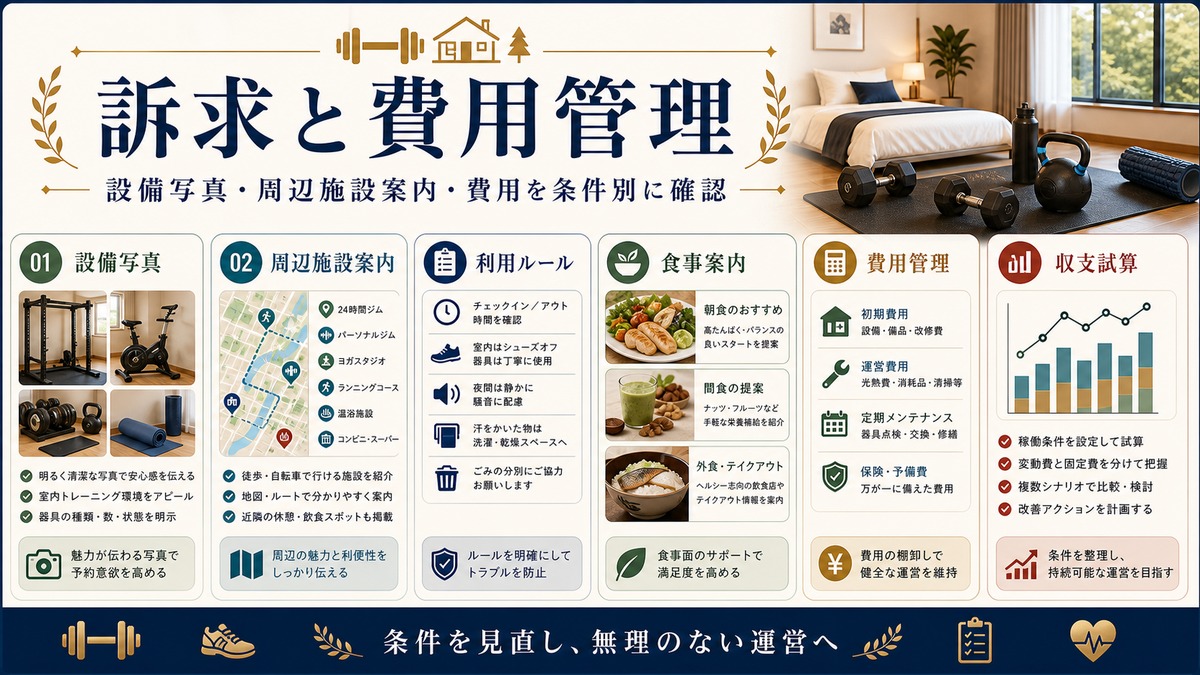 フィットネス対応民泊の訴求と費用管理を設備写真、周辺施設案内、食事案内、収支試算で整理した図