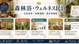 森林浴・ウェルネス民泊の自然素材、体験連携、滞在型価格を整理した図