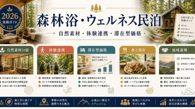 森林浴・ウェルネス民泊の自然素材、体験連携、滞在型価格を整理した図