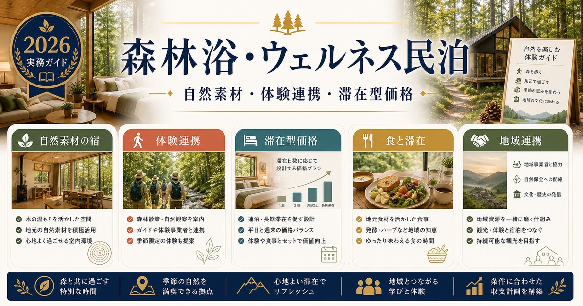 森林浴・ウェルネス民泊の自然素材、体験連携、滞在型価格を整理した図