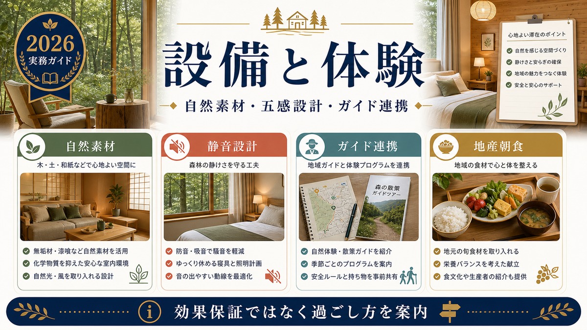 森林浴ウェルネス民泊の設備と体験を自然素材、静音設計、ガイド連携、地産朝食で整理した図