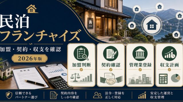 民泊フランチャイズで加盟判断、契約確認、管理業登録、収支計画を整理した図