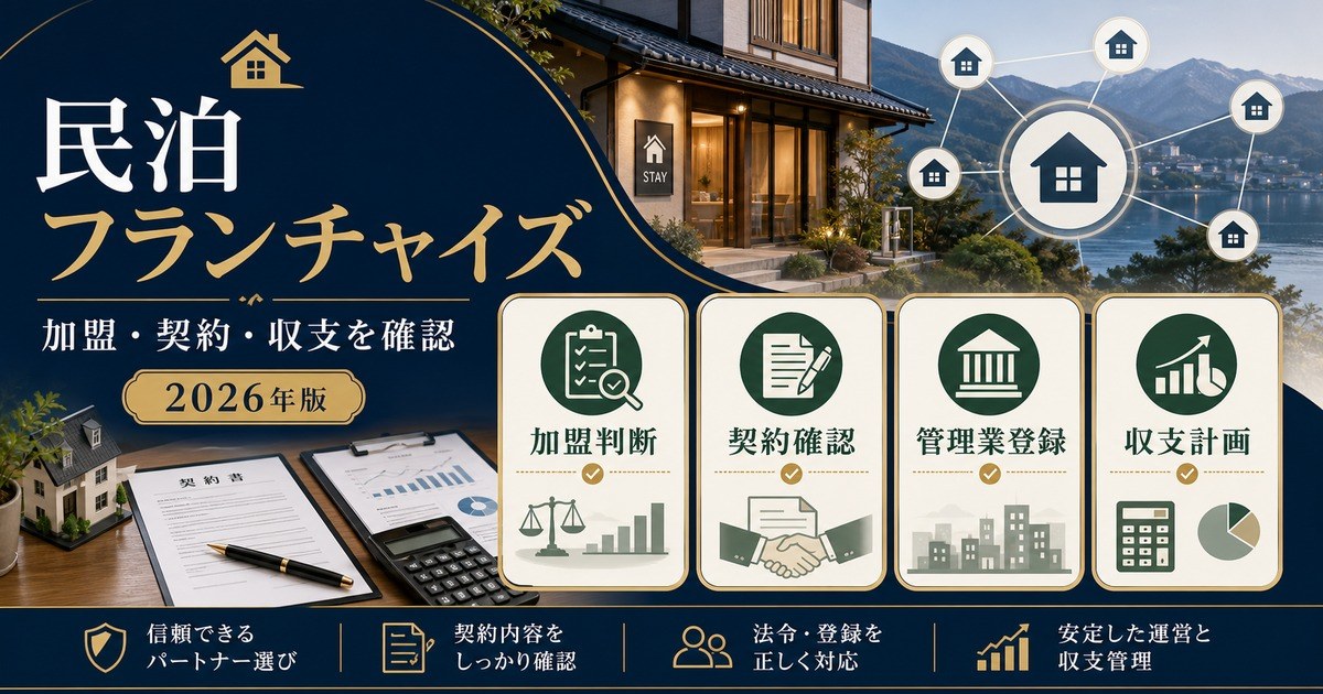 民泊フランチャイズで加盟判断、契約確認、管理業登録、収支計画を整理した図