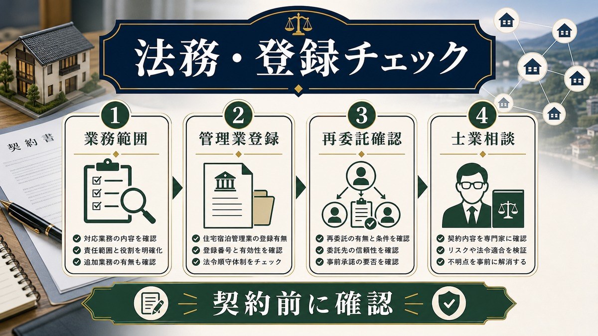 民泊フランチャイズの法務と登録チェックを業務範囲、管理業登録、再委託確認、士業相談で示した図