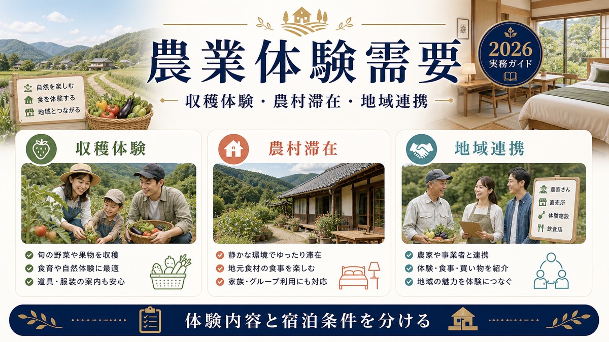 農業体験民泊需要を収穫体験、農村滞在、地域連携で整理した図