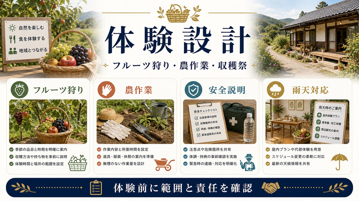 農業体験プログラムをフルーツ狩り、農作業、安全説明、雨天対応で整理した図