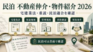 民泊の不動産仲介・物件紹介を宅建免許、用途地域、管理規約、消防確認、契約条件で整理した図