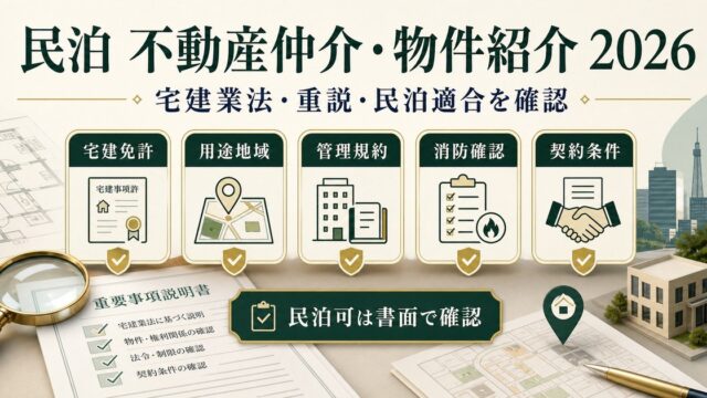 民泊の不動産仲介・物件紹介を宅建免許、用途地域、管理規約、消防確認、契約条件で整理した図
