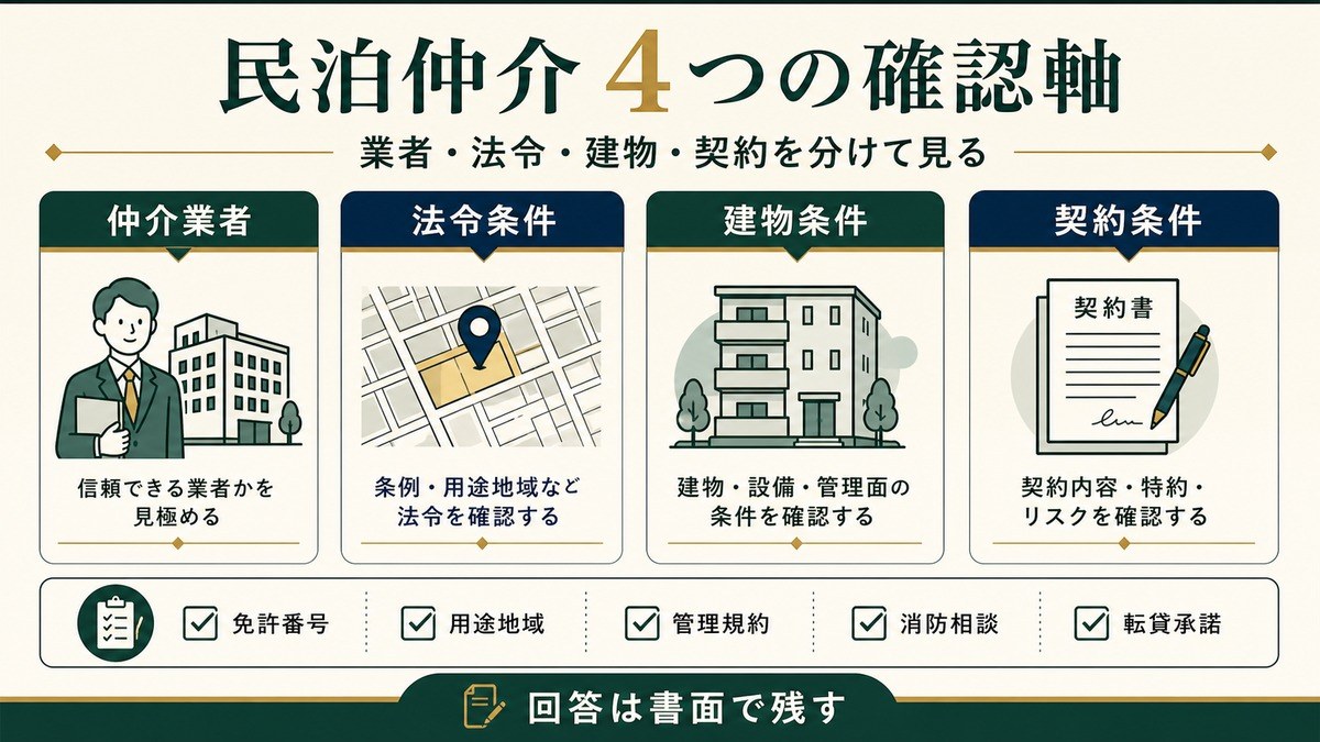 民泊仲介で確認すべき業者、法令条件、建物条件、契約条件の4軸を整理した図