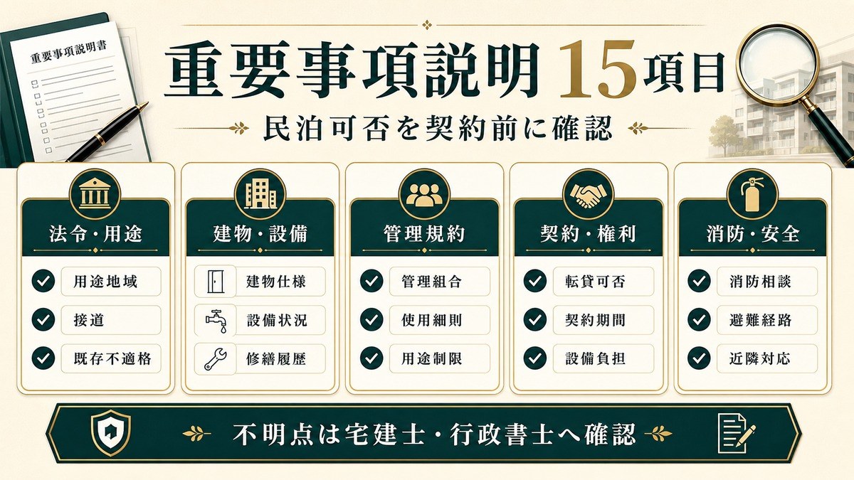 民泊物件の重要事項説明で確認する法令用途、建物設備、管理規約、契約権利、消防安全を整理した図