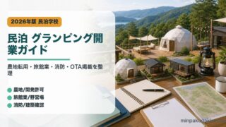 民泊グランピング開業で農地転用、旅館業、消防、建築確認、OTA掲載を整理したアイキャッチ画像