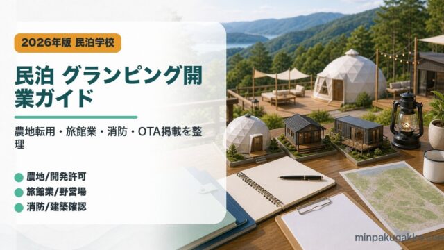 民泊グランピング開業で農地転用、旅館業、消防、建築確認、OTA掲載を整理したアイキャッチ画像