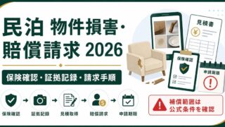 民泊の物件損害と賠償請求を保険確認、証拠記録、請求手順で整理した図