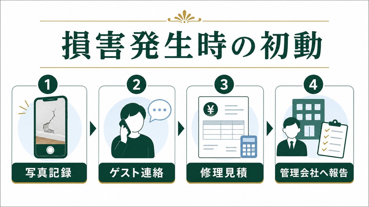 損害発生時の初動を写真記録、ゲスト連絡、修理見積、管理会社報告で整理した図