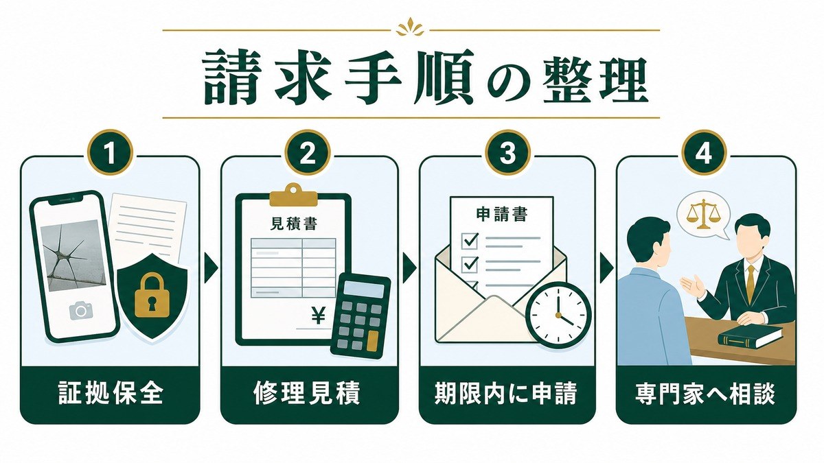 損害賠償請求の手順を証拠保全、修理見積、期限内申請、専門家相談で整理した図