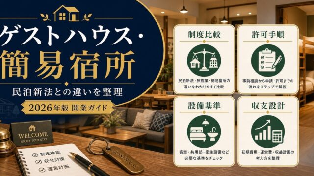 ゲストハウス・簡易宿所の制度比較、許可手順、設備基準、収支設計を整理した図