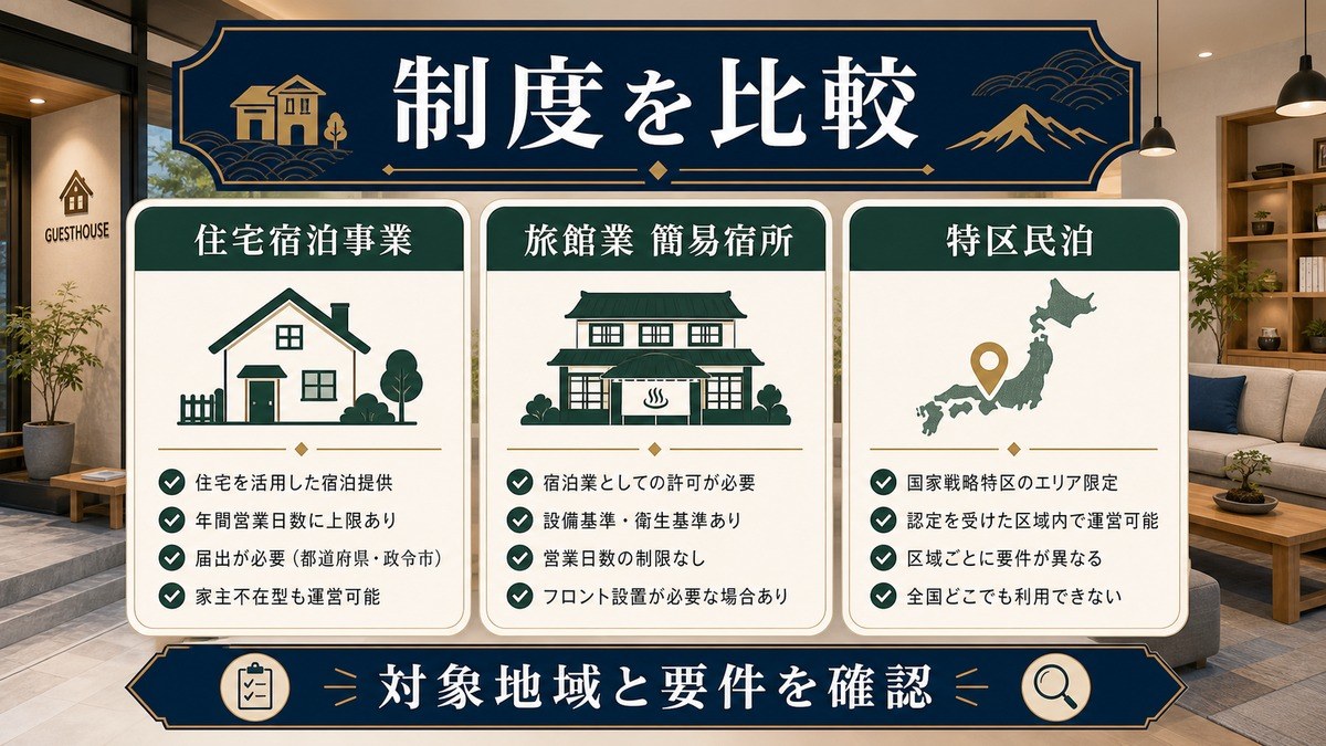ゲストハウス開業で住宅宿泊事業、旅館業簡易宿所、特区民泊を比較する図